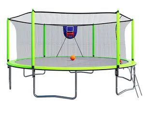 15FT Trampoline with Basketball Hoop Inflator and Ladder 6Pcs Safety New Pole Sleeves for Kids Outdoor Fun Adjustable Indoor-Outdoor Swing