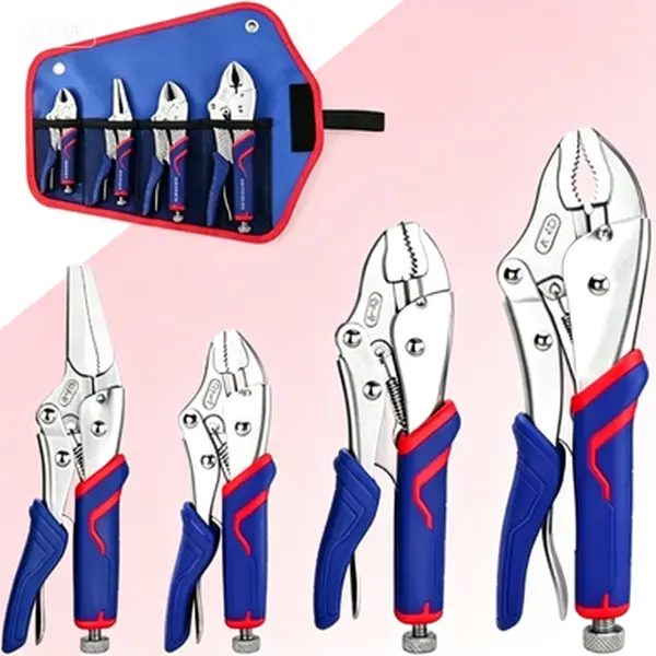 Premium Locking Tool Set, 4-Piece Curved Jaw Pliers with Ergonomic Grip, 5-1/2" 7" 9" Locking Pliers, 6-1/2" Long Nose Locking Pliers with Storage Pouch, Reusable Multipurpose Hand Tools for Home Garage Workshop, Red and Blue