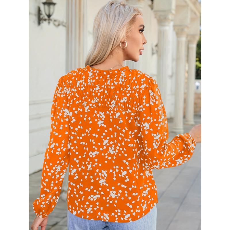 Chic Polka Dot V-Neck Blouse for Women - Casual Long Sleeve, Loose Fit Top with Pleated Detail, Machine Washable, ZAFUL