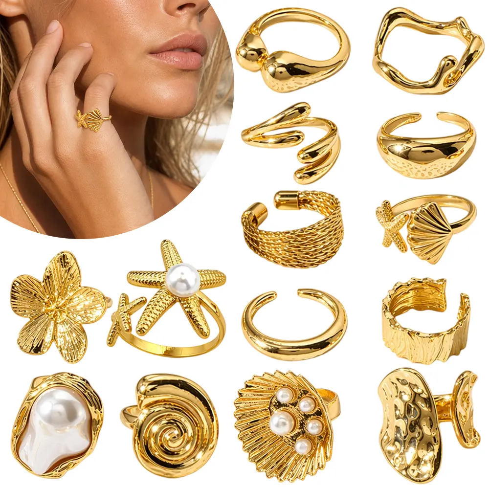 14pcs Minimalist Gold Ocean-Themed Alloy Stacking Finger Rings - Irregular Hammered Conch Shell Artificial Pearl Open Adjustable Size Jewelry for Girls, Birthday Party Wedding Gift, Blingy Rings, Chunky Statement Rings