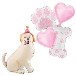 Labrador Dog Theme Balloon Kit Dog Paw Print Balloon Bone Shaped Foil Balloon Pink Heart Shape Balloons Sets Props for Pets Birthday Dog Party Supplie Puppy Decorations 5PCS