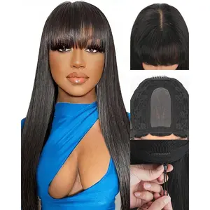 Straight Human Hair Wig With Bangs Glueless Wear and Go 2x4  Lace Closure Wig 180% Density Drawstring Wig Human Hair for Black Women  Color 18 Inch