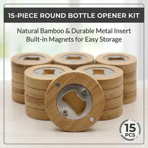 15-Piece Round Bamboo Bottle Opener Kit, Magnetic Wall-Mounted Beer Opener Inserts, Natural Wood with Durable Metal Core, Compact & Reusable, Ideal for Bar, Kitchen, and Home Use