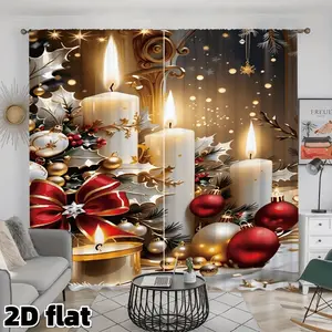2D Flat 2Pcs Christmas Candle Printed Curtains, Red Bow Holly Berry Design, Rod Pocket Style, Semi Sunshade Polyester Fabric, Suitable for Living Room Bedroom Kitchen Balcony Window Treatment, Holiday Home Decor, Window Decorations Supplies