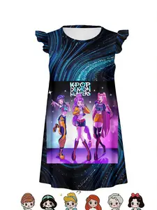 Blue Starry Sky Short Sleeve Dress, Cartoon Idol Print Casual Summer Dress, Loose Fit Knee Length, Casual Wear