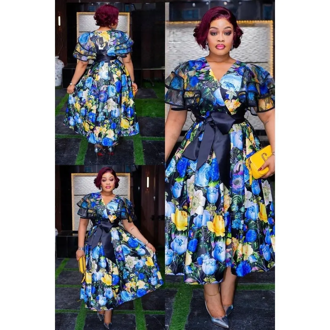 Elegant Blue Ruffle Sleeve Floral Midi Dress for Cocktail Party Reception Wedding Guest Graduation Dinner Birthday Celebrant Photoshoot Anniversary Engagement Ceremony Stylish Turkey Dresses for Women Plus Size