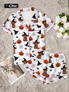 Women's Halloween Party Pajama Set Outfit, Nightwear, Cute Animal Print Bat Short Sleeve Shirt & Elastic Waist Shorts, Comfortable Casual Loungewear Home Wear