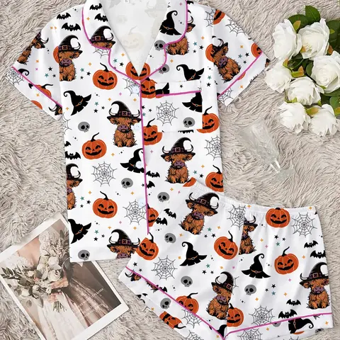Women's Halloween Bat Print Pajama Set, Cute Animal Print Short-Sleeve Top & Elastic-Waist Shorts, Comfortable Casual Loungewear Nightwear, Nightwear Pajamas