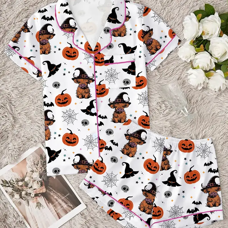 Women's Halloween Bat Print Pajama Set, Cute Animal Print Short-Sleeve Top & Elastic-Waist Shorts, Comfortable Casual Loungewear Nightwear, Nightwear Pajamas