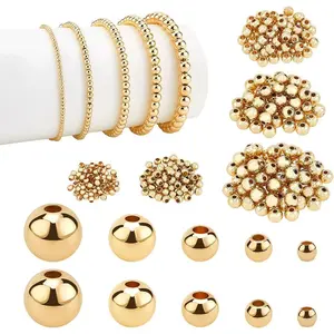 14K Gold Plated Spacer Beads, 300pcs Round Brass Beads 5 Size Metal Smooth Beads Seamless Ball Beads Long-lasting Little Beads for Summer Bracelet Necklace Jewelry DIY Crafts(2/3/4/5/6mm)