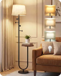 Floor Lamp with Table, Modern Standing Lamp with Shelf and Coat Rack, 3 Color Temperature Bulb Included, Side Table Floor Lamp for Living Room Bedroom Corner, Rustic Brown and Beige