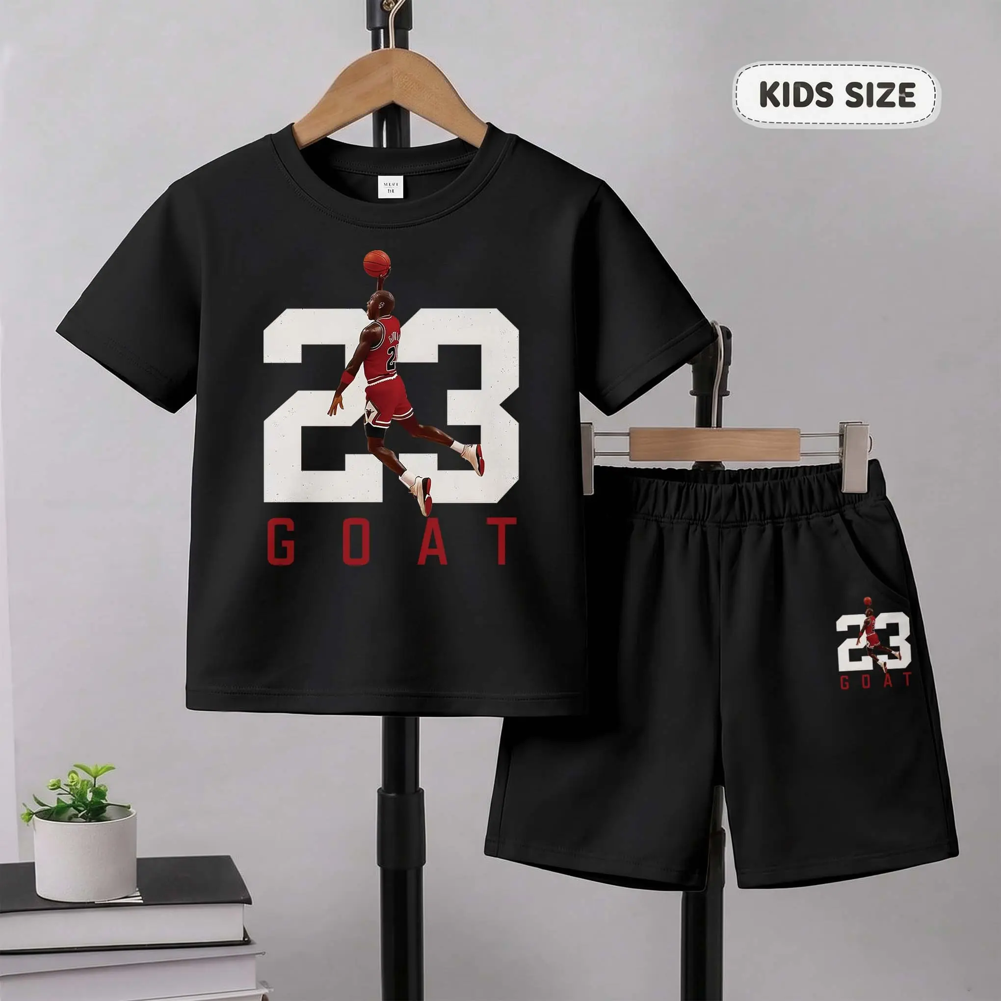 Children's Basketball-Themed 23-Print Short-Sleeve T-Shirt And Shorts Set—Casual Summer Kids' Clothing. This Round-Neck Outfit Combination Is Perfect For Everyday Wear And Outdoor Play., Adorable Boys' Sets, Cartoon Boys' Sets