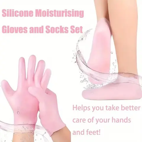 4-Pack Silicone Moisturizing Socks Set Kits, 1 Pair Gloves & 1 Pair Foot Socks, Odorless, Super Stretchy, Anti-Slip, Intensive Foot Care, Perfect for Dry Feet