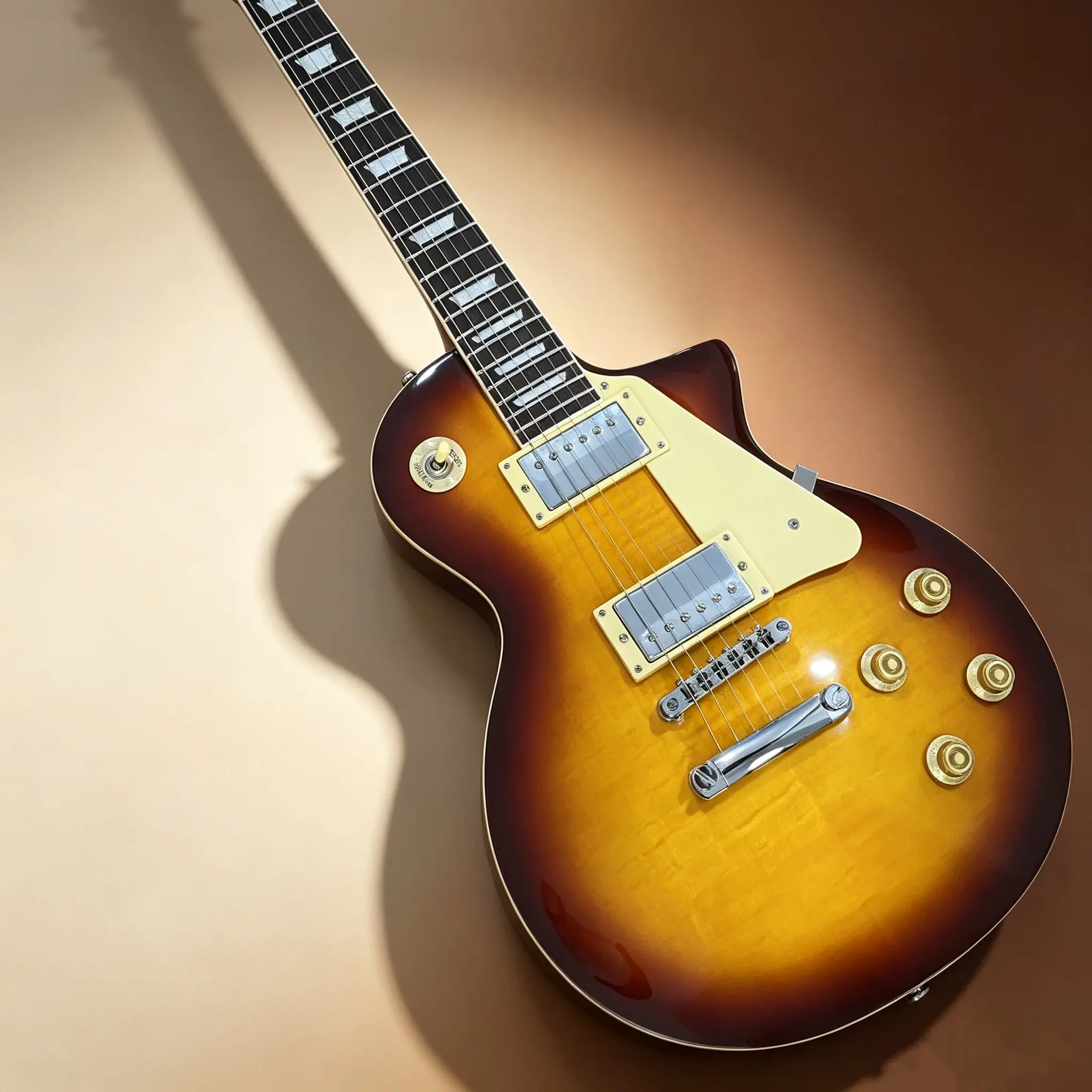 Hot Sell, Brown Electric Guitar. Mahogany Body. Rosewood Fretboard. 22 Frets. HH Pickups. Chrome Hardware. Flame Maple Top. Essential Guitar For Guitarists. Easy To Operate For Beginners. In Stock.