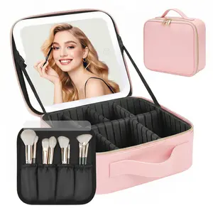 Makeup Bag with Mirror LED Light Travel Makeup Train Case Cosmetic Bag Organizer Portable Artist Storage Bag with Adjustable Dividers Organizer