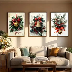 3pcs Christmas Snowflake Tree Canvas Art with Wooden Frame, Vintage Style Wall Decor for Living Room, Holiday Gift Bell Decoration, Modern Home Decoration