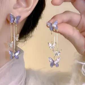 Super Fairy quality purple blue butterfly design long tassel earrings, French high-grade romantic gentle earrings