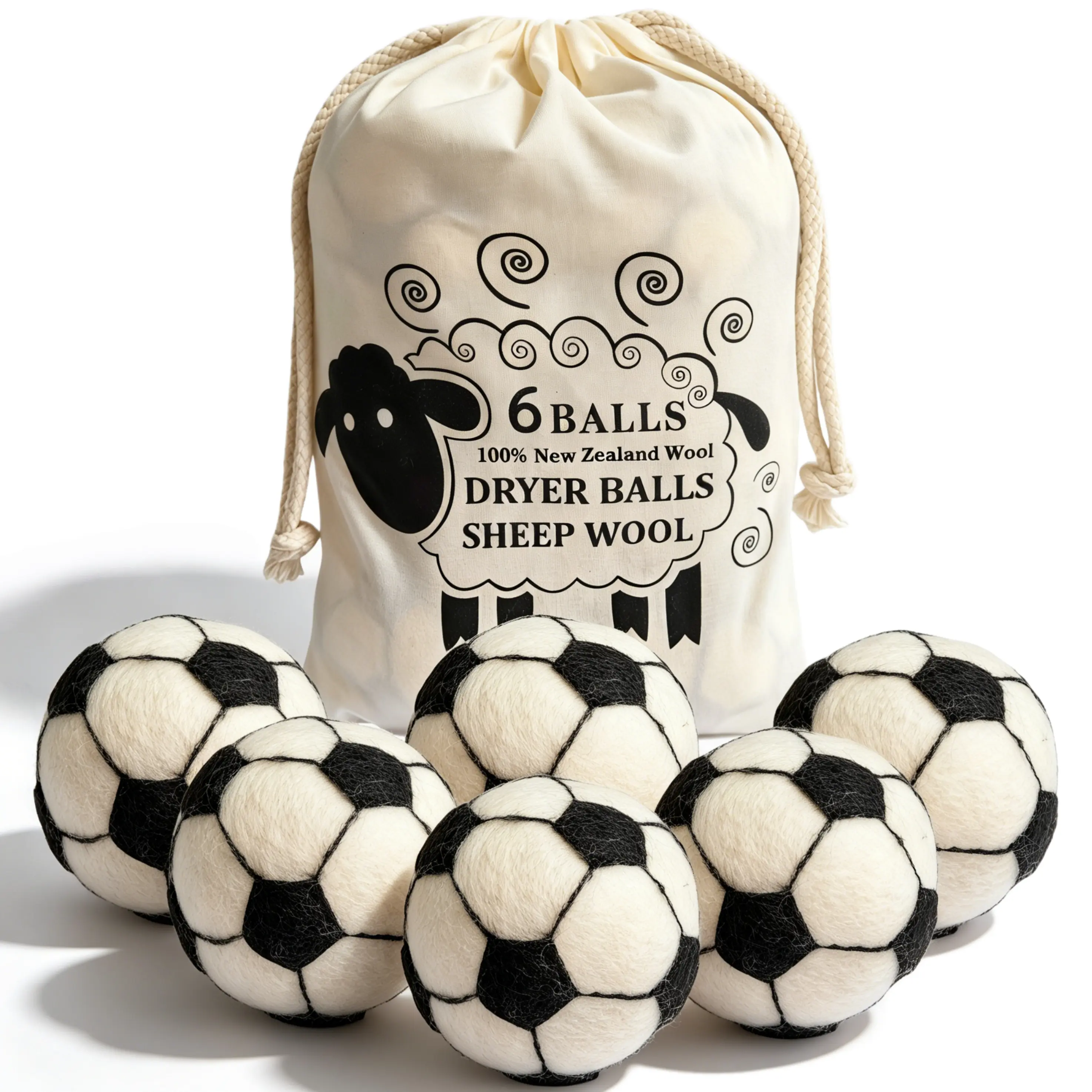 LMMAKE 6PCS Wool Dryer Balls - 100% Handmade Premium New Zealand Wool Material, Natural Fabric Softener, Eco-Friendly, Hypoallergenic, Fragrance-Free, Sensitive Skin Safe, Reduces Wrinkles, Saves Drying Time, No Chemicals/Additives (Football Style)