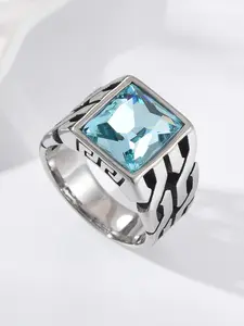 Premium Men's Gemstone Ring, 316L Stainless Steel, Aquamarine Accent, Great Gift Choice