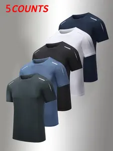 Men's Solid Color Letter Print Round Neck Sports Tee, Regular Fit Comfortable Breathable Quick Drying Short Sleeve T-shirt for Gym Workout Running, Casual Sporty Top for Indoor Outdoor Wear, Gym Tees