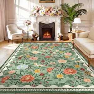 Washable Area Rug – Stain-Resistant Bohemian Floral Print with Decorative Border, Non-Slip Low Pile Faux Wool Soft Rug,  for Bedroom, Dining Room, Office, Game Room, Apartment, Laundry Room