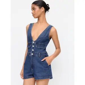 Cider Denim V-Neck Button Front Metal Detail Jumpsuit