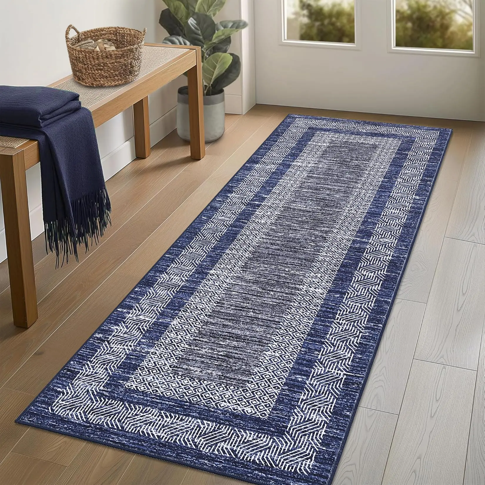 Runner Rug 2x6 Washable Rug Hallway Rug Runner Modern Bordered Rug Soft Non Slip Floor Cover Neutral Accent Carpet Runner for Entryway Laundry Kitchen Rug, Blue