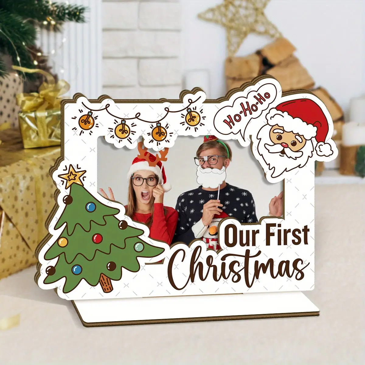1pc Christmas Theme Wooden Photo Frame, "Our first Christmas", With a Base Can Stand on the Desktop, Best Christmas Gift choice for Yourself, Family, Desktop Decorative Sign Frame