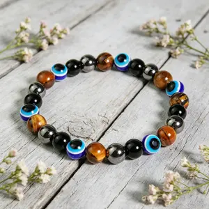 Evil Eye Triple Protection Bracelet | Obsidian Tiger Eye Hematite Healing Crystal Amulet | Spiritual Protection Jewelry