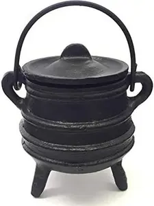 Cast Iron Cauldron w/handle & lid, ideal for smudging, incense burning, ritual purpose, decoration, halloween decoration, candle holder, etc. (Ribbed Style 4" High, 2.25" Dia)