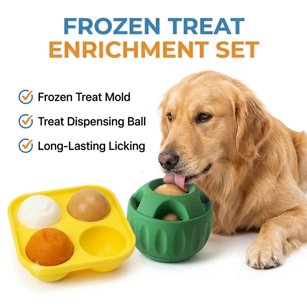 Silicone Food Slow Feeder Dog Toy Lick Mat Set - Food Grade, Easy to Clean Pet Accessory with Treat Dispensing Ball, Frozen Treat Mold, Universal Fit for Puppy Boredom Relief & Healthy Digestion, Dishwasher Friendly, Ball + Tray Combo