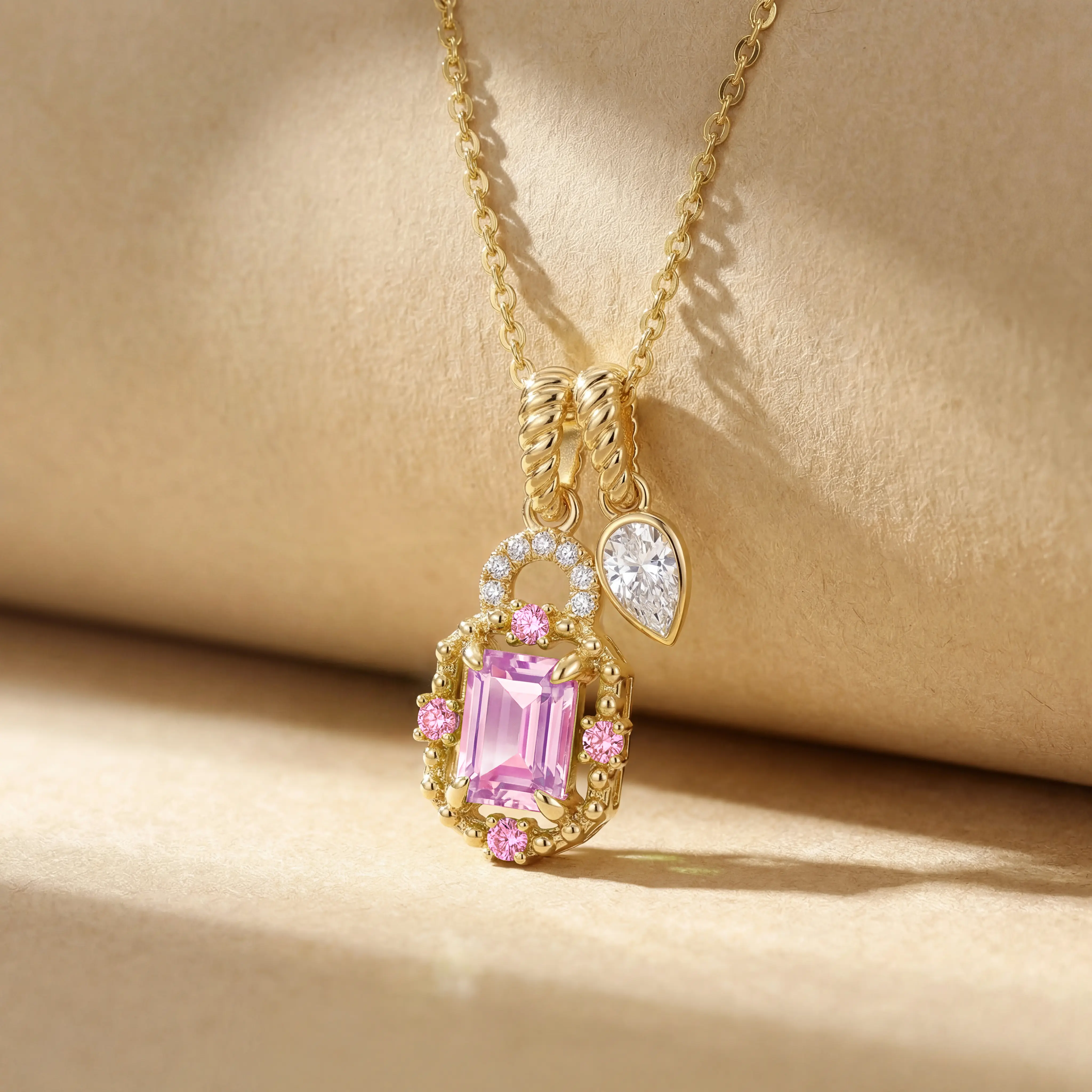 Fettero Chic Pink Zircon Bead Necklace for Women, Gold-Plated Hexagon Pendant, Brightly Colored Bead Embellished Jewelry, Mother's Day Gift, Bead Embellished Necklaces, Brightly Colored Necklaces