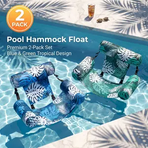 2Pcs Inflatable Water Lounger with Headrest, Portable Mesh Pool Floating Hammock Chair for Adults, Tanning Pool Float Bed for Lake Ocean Beach, Summer Holiday Aquatic Leisure Activity Gear Pack