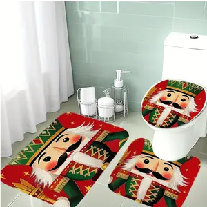 3-Piece Bathroom Rug Set, Nutcracker Design, Soft Flannel Material, Non-Slip Bath Mat, Toilet Lid Cover, U-Shaped Pad, Holiday Decor