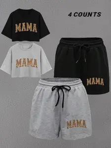 Women's Letter & Leopard Print Short Sleeve Crop Tee & Wide Leg Shorts Two-Piece Set, Casual Fashion Round Neck T-shirt & Shorts for Daily Outdoor Wear, Ladies Summer Clothes, Lounge Shorts Set
