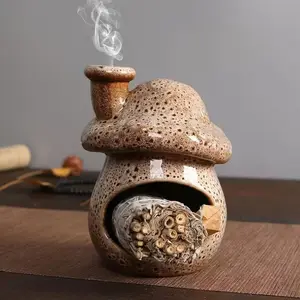 Ceramic Incense Burner with Chimney Mushroom Design, 3-In-1 Handmade Holder for Cone, Sage & Palo Santo, Ideal Home Decor Gift