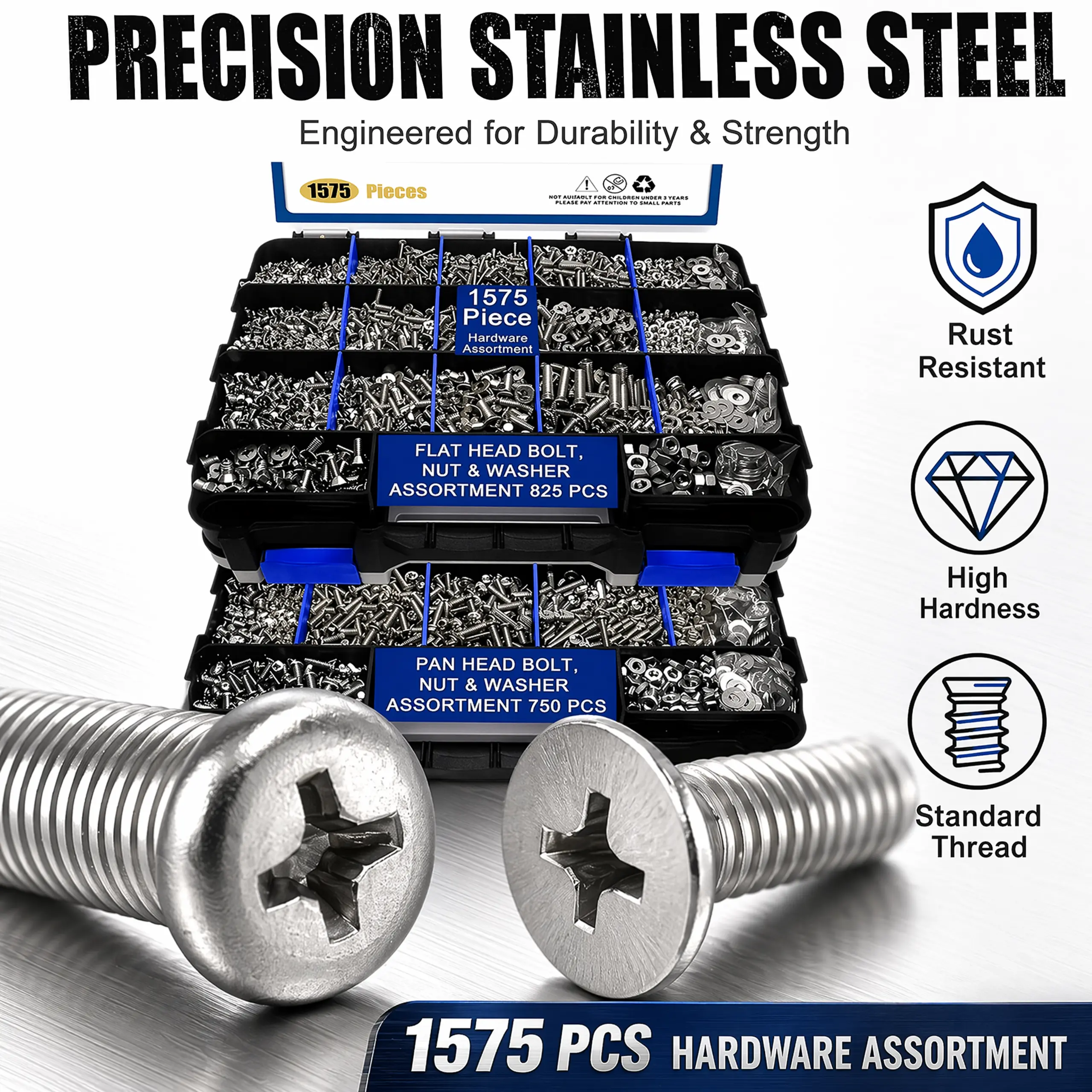 1575 Pcs Silver (304 Stainless Steel) Nuts and Bolts Assorted Kit - Phillips Pan Head Bolts, Flat Head Screws, Double-Sided Organizer Box for Mechanical, DIY Projects