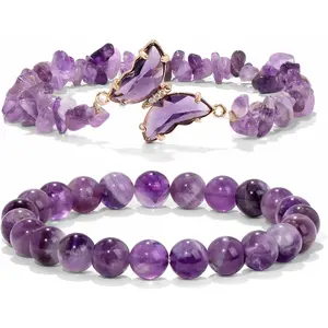 Amethyst Bracelet For Women Anxiety Amethyst Beaded Bracelets Butterfly Stone Layered Bracelet Gifts For Women