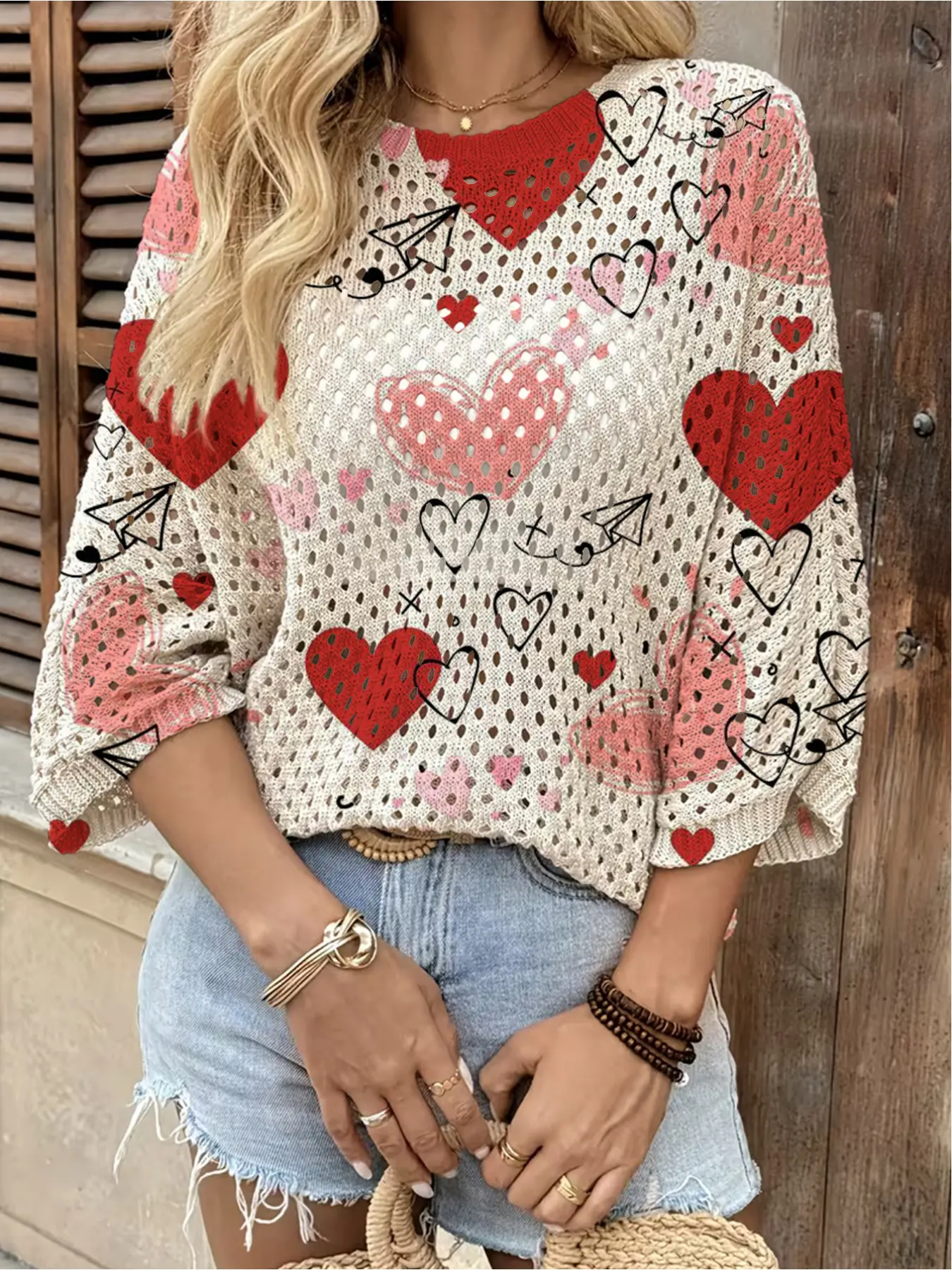 Spring and summer, round neck hollow Boho loose batwing smock, color love print Valentine's Day women knitted blouse, vacation style, casual commuting, women's vest smock, bikini smock, Bohemian vacation smock, Tops, Lady, Blouse Shirts