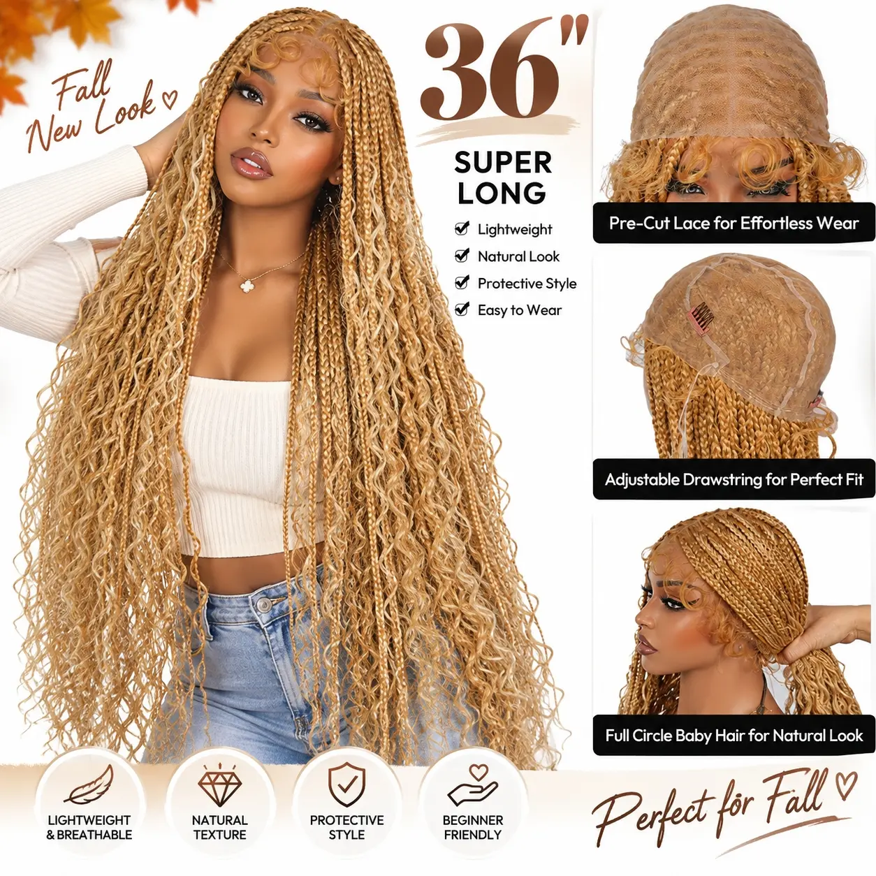 #T274/614 36 Inches Full Lace Premium Synthetic Fiber Bohemian Box Braided Wigs Knotless SuperNova Hair Ash Blonde Wig DM to Pre-cut Lace Lace Frontal Wigs Lace Closure Wig #SohoChic #TikTokShopStockUp #DealsForYouDays