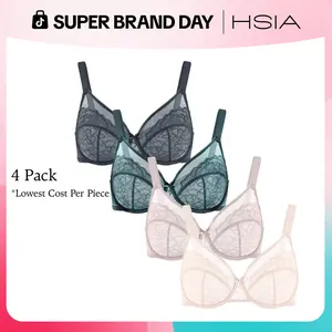 【4 Pack】HSIA Enchante Lace Bra Set Floral Lace Underwire PLus Size Full Coverage Bra Bundle