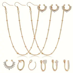 9pcs Fake Septum Rings Indian Septum Piercing Nose To Ear Chain Jewelry Nose Chain Ring