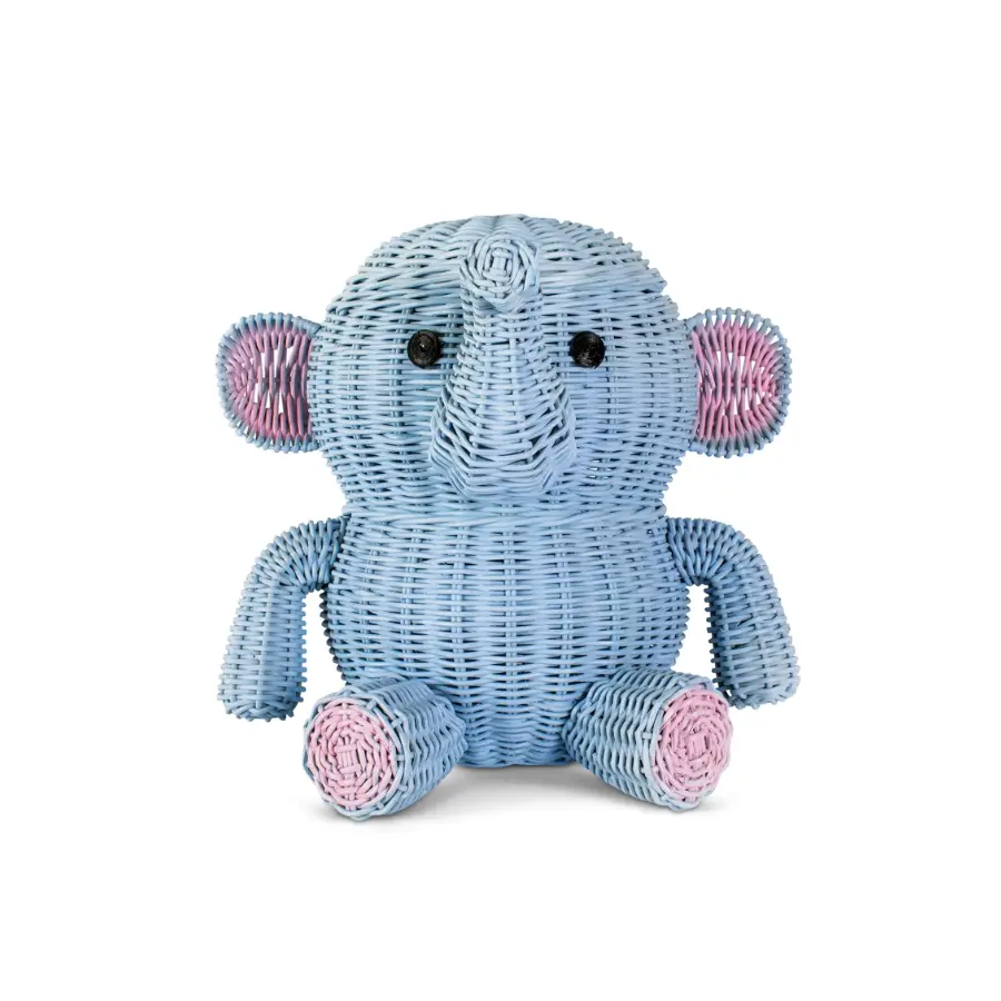 Large Blue Elephant Rattan Storage Basket With Lid Hand Woven Shelf Organizer Handmade Gift Wicker