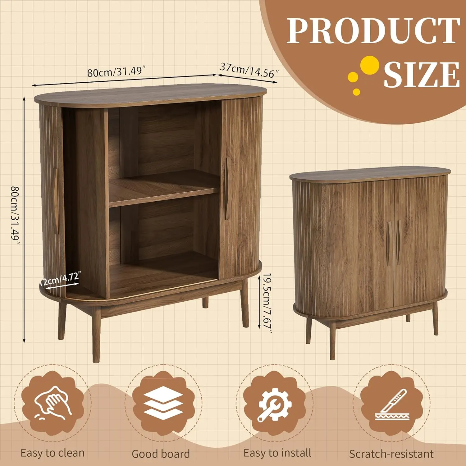 Small Sideboard Buffet Cabinet with Storage, Sliding Doors, 31" Wood Narrow Accent Storage Cabinet, Modern Buffet Table for Kitchen, Living Room (Walnut)