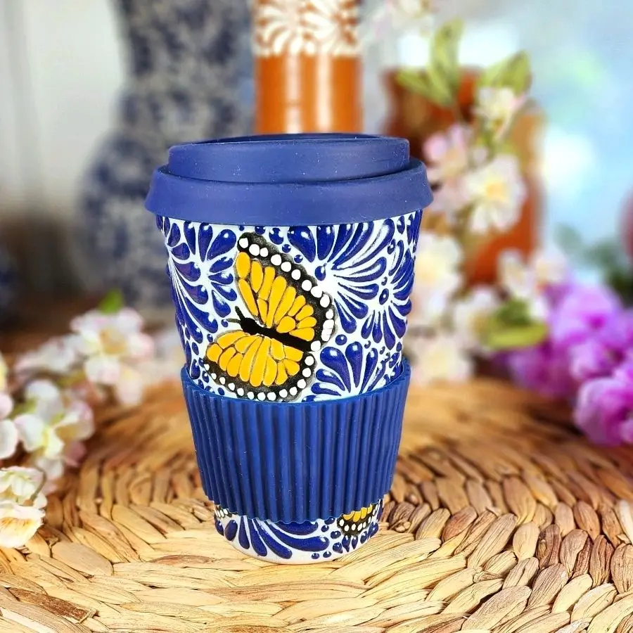 talavera Butterfly tumbler travel mug handmade handpainted birthday gifts for her Ceramic Coffee Cup Washable home kitchen decor butterfly design Drinkware Lid Monarch Butterfly