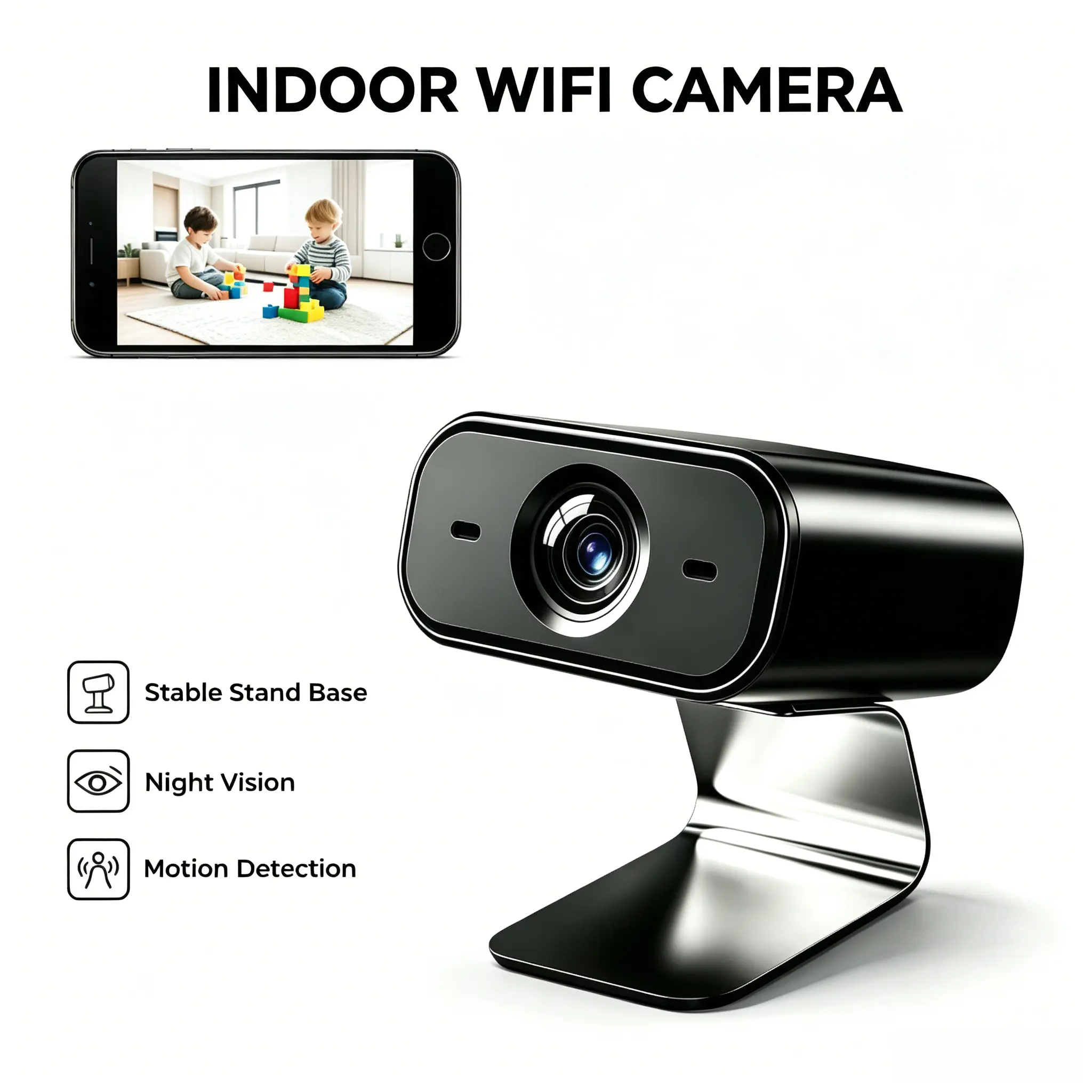 Compact Wireless Smart Camera with Mount Base, 2.4G WiFi, Wide-Angle Night Vision & Motion Detection, Remote Phone App Live Recording, SD & Cloud Storage | Indoor Home, Baby & Pet Monitoring