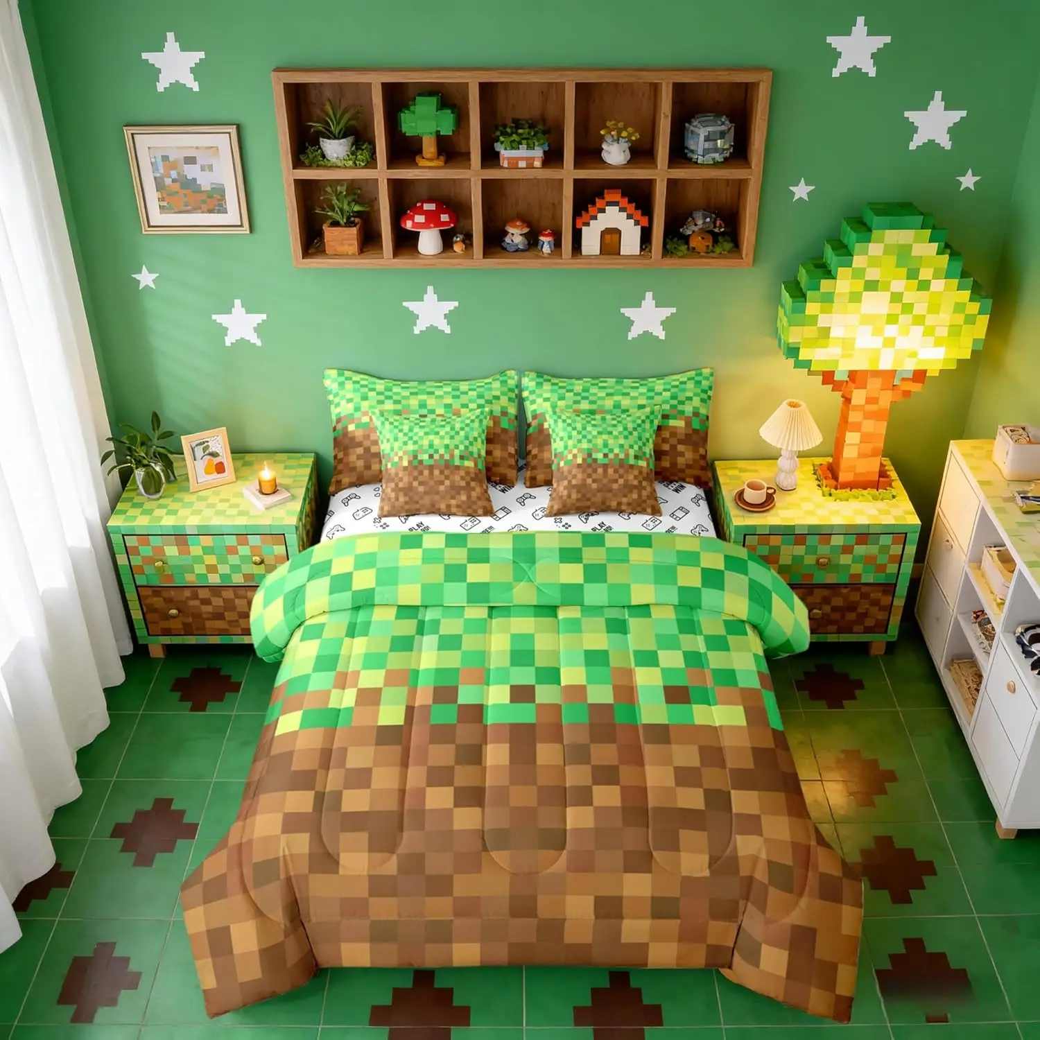 Pixelated Comforter Set,Video Games Gamepad Miners Bedding Set,Geometric Grid Bed Sets,Brown Green Comforter 7Pcs with Fitted Sheet,Flat Sheet and Pillow Cases