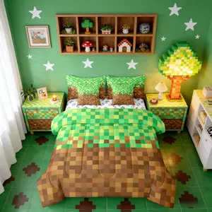 Pixelated Comforter Set,Video Games Gamepad Miners Bedding Set,Geometric Grid Bed Sets,Brown Green Comforter 7Pcs with Fitted Sheet,Flat Sheet and Pillow Cases