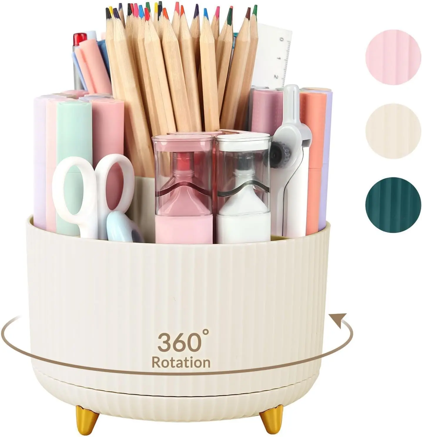 New Deal - 360 Degree Rotating Desk Organizer, Dual-Purpose Pencil Pen Holder for Desk, Rotating Desk Pen Organizer with 5 Slots, Pencil Cup for Office, School, Home Beige