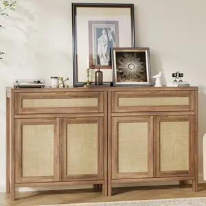 FUSOU 30" Rattan Sideboard Buffet Cabinet Set of 2, Boho Credenza Storage Cabinet with Drawer & Adjustment Shelf, Modern Woven Console Cabinets for Kitchen, Living Room, Apartment Entryway, Walnut